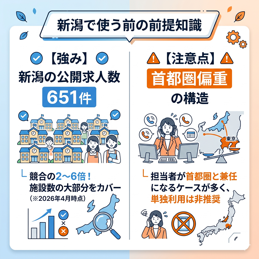 保育のお仕事の新潟での特徴まとめ。新潟の公開求人数は651件と多いが、首都圏偏重の構造があるため単独利用は非推奨である