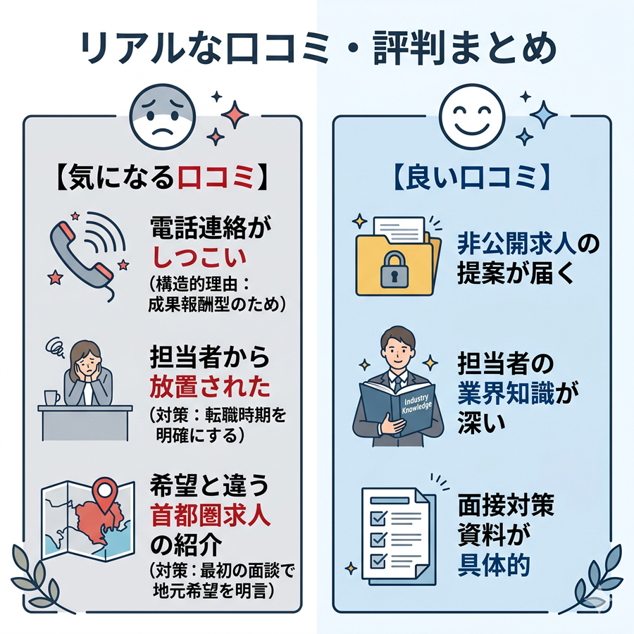 保育のお仕事の口コミ比較。電話連絡の多さや放置などの悪い口コミと、非公開求人の質や手厚い面接対策などの良い口コミを対比