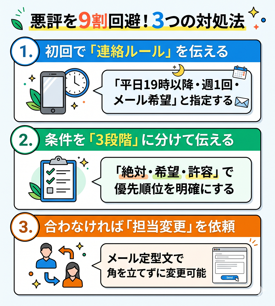 保育士人材バンクの悪い口コミを回避する3つの対処法。連絡ルールの指定、条件の3段階化、担当変更の依頼について解説