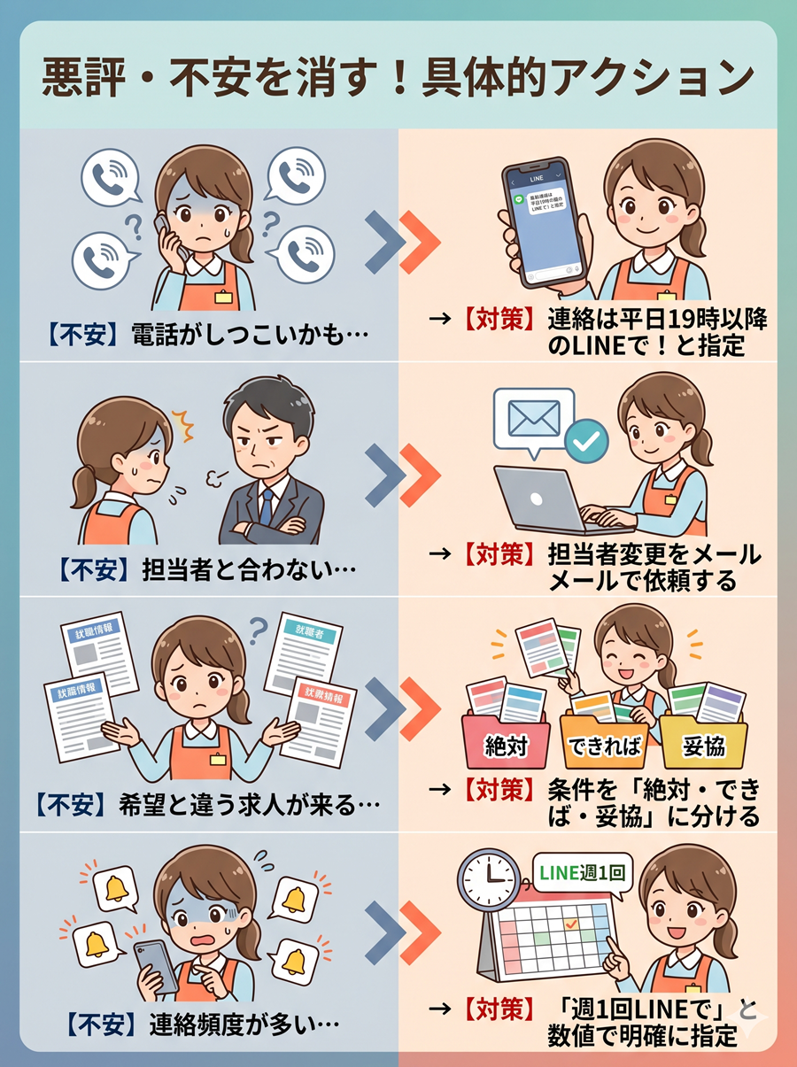 保育士ワーカーの悪評に対する対処法を図解。しつこい電話やミスマッチへの不安に対し、連絡時間の指定や条件の優先順位づけ