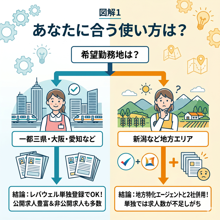 レバウェル保育士の最適な使い方を図解。一都三県などの都市部は単独登録、新潟などの地方は2社併用を推奨