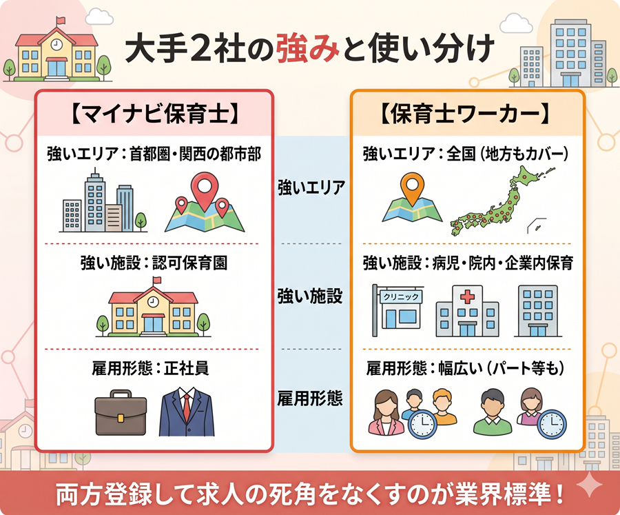 マイナビ保育士と保育士ワーカーの強み比較。マイナビは都市部・認可園・正社員に強く、ワーカーは全国・多様な施設に強い