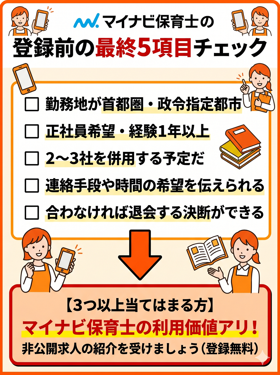 マイナビ保育士登録前の5項目チェックリスト。勤務地や経験などの条件に3つ以上当てはまれば利用価値あり