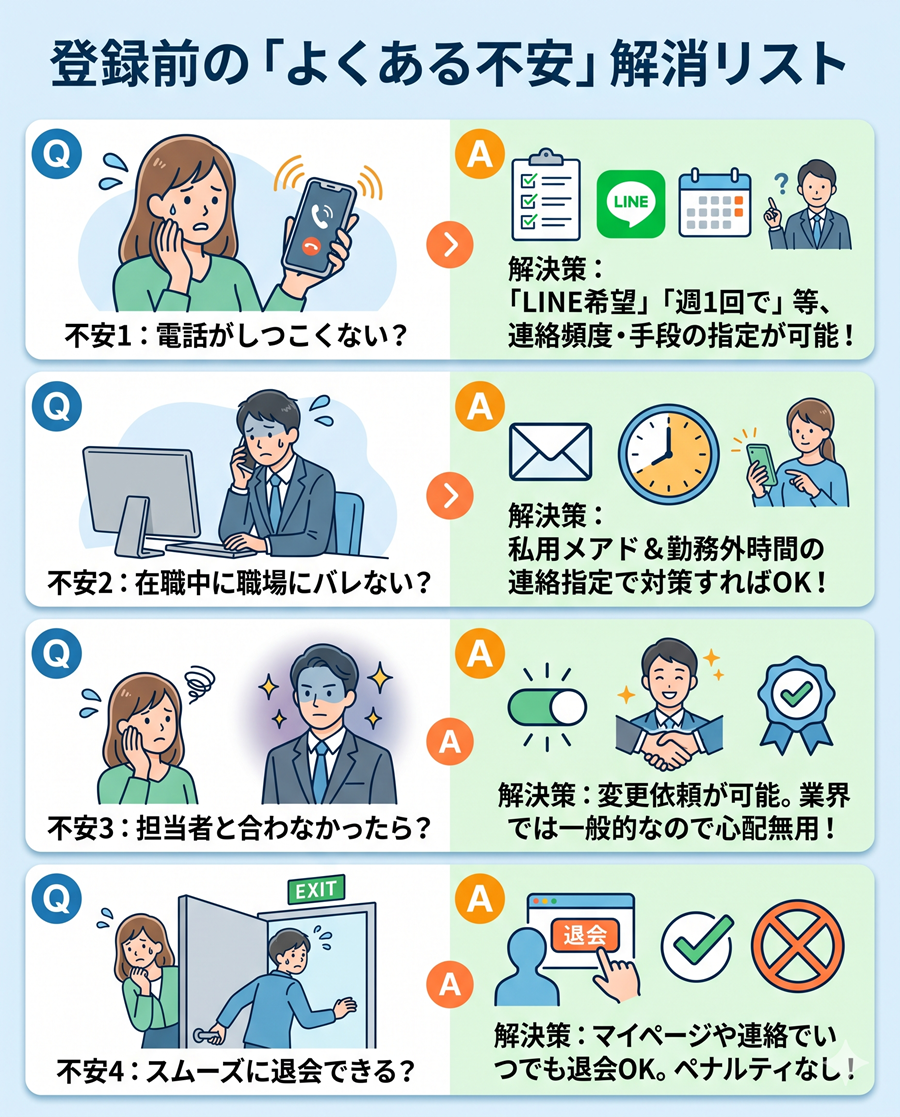 保育士エージェント登録前の不安解消リスト。電話の頻度、職場バレ対策、担当者変更、退会に関するQ&A