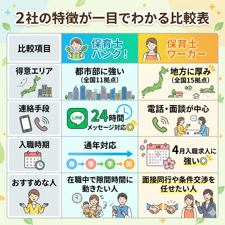 保育士バンクと保育士ワーカーの比較表。得意エリア、連絡手段、おすすめな人の違い